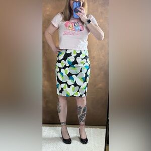 Worthington Black Pencil Skirt with White, Blue & Lime Leaf Print